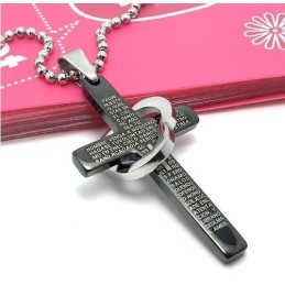Cool Man Halskette Mit Anhänger Aus Schwarzem Titanstahl Mit Herz Und Kreuz Und Bibel (Neu)