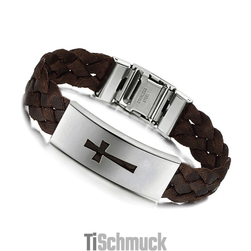 Stabiler Qualitäts-Armreif Aus Titanleder Mit Kreuz Für Männer