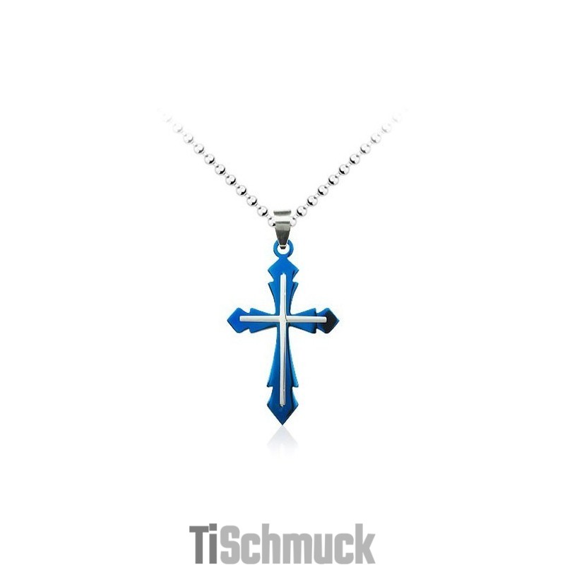 Modischer Herren-Kreuzanhänger Aus Blauem Titan, Inklusive Kette