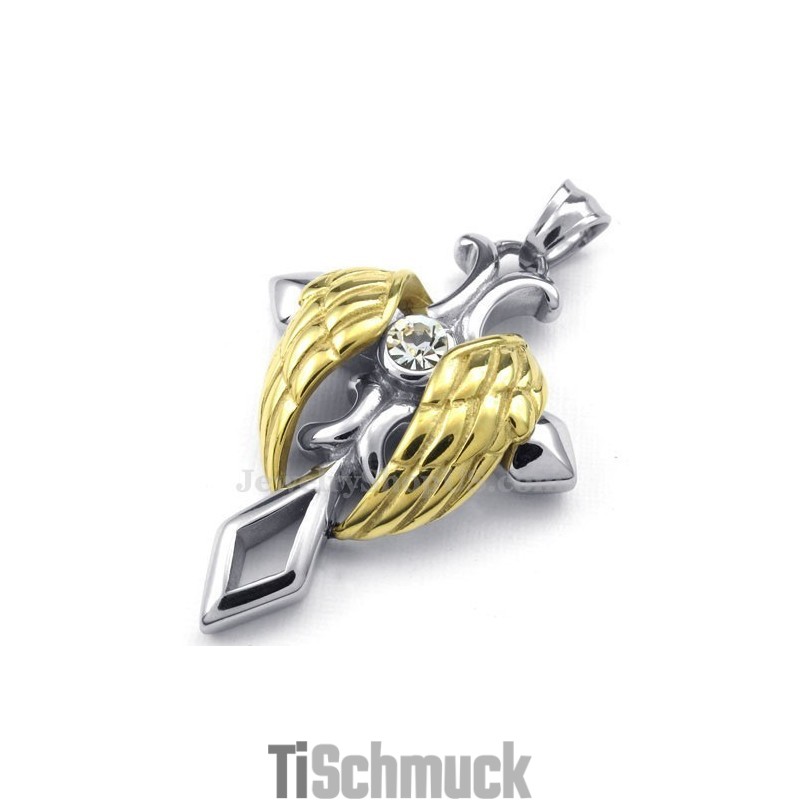 Halskette Mit Kreuzanhänger Aus Titan Mit Goldenen Engelsflügeln (Inklusive Kette) Halskette Mit Kreuzanhänger Aus Titan Mit Goldenen Engelsflügeln (Inklusive Kette)