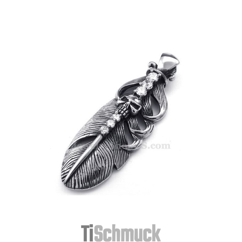 Halskette Mit Federanhänger Aus Titan, Verziert Mit Einem Totenkopf (Kostenlose Kette) Halskette Mit Federanhänger Aus Titan, Verziert Mit Einem Totenkopf (Kostenlose Kette)