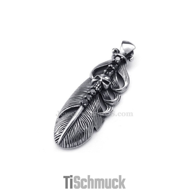 Halskette Mit Federanhänger Aus Titan, Verziert Mit Einem Totenkopf (Kostenlose Kette)