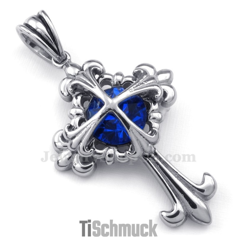 Halskette Mit Blumenkreuz-Anhänger Aus Titan Mit Blauem Zirkon (Inkl. Kette)