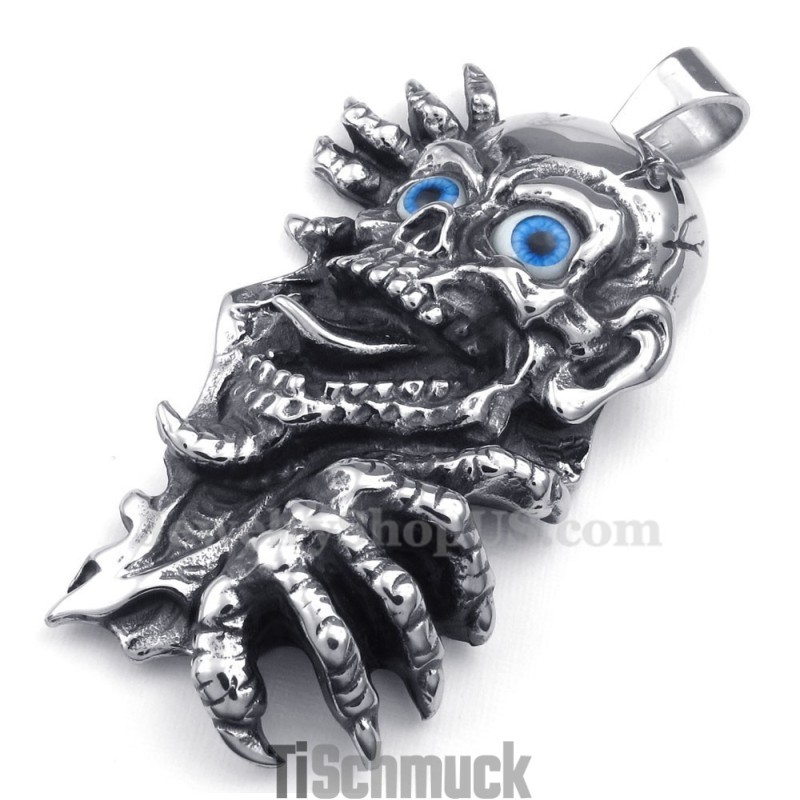 Halskette Mit Totenkopf-Anhänger Aus Titan Mit Blauen Augen (Kostenlose Kette)
