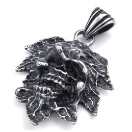 Halskette Mit Totenkopf-Anhänger Aus Titan Mit Baumblatt (Kostenlose Kette)