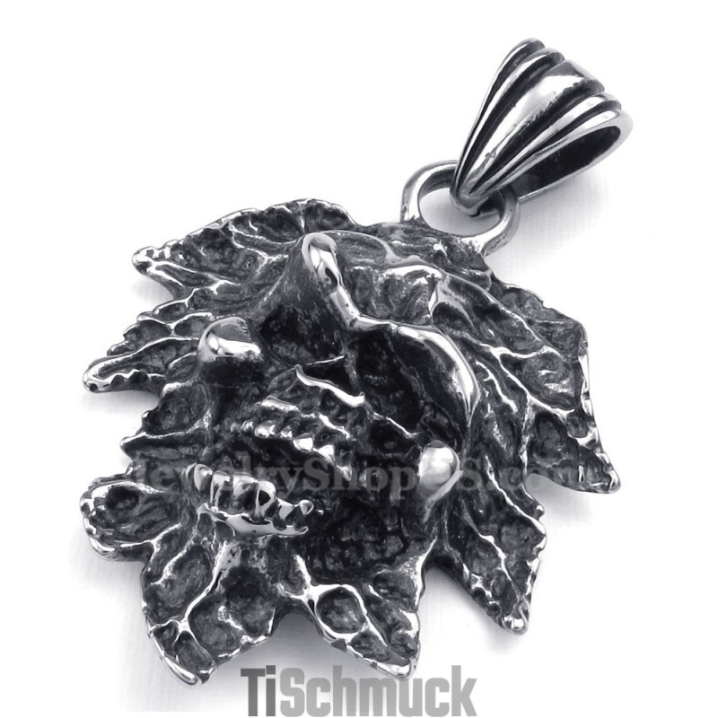 Halskette Mit Totenkopf-Anhänger Aus Titan Mit Baumblatt (Kostenlose Kette)