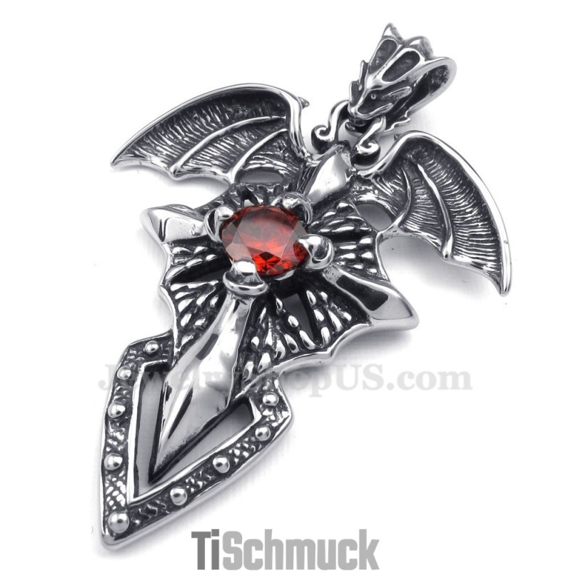 Halskette Mit Flugsaurier-Anhänger Aus Titan Mit Rotem Zirkon (Kostenlose Kette) Halskette Mit Flugsaurier-Anhänger Aus Titan Mit Rotem Zirkon (Kostenlose Kette)