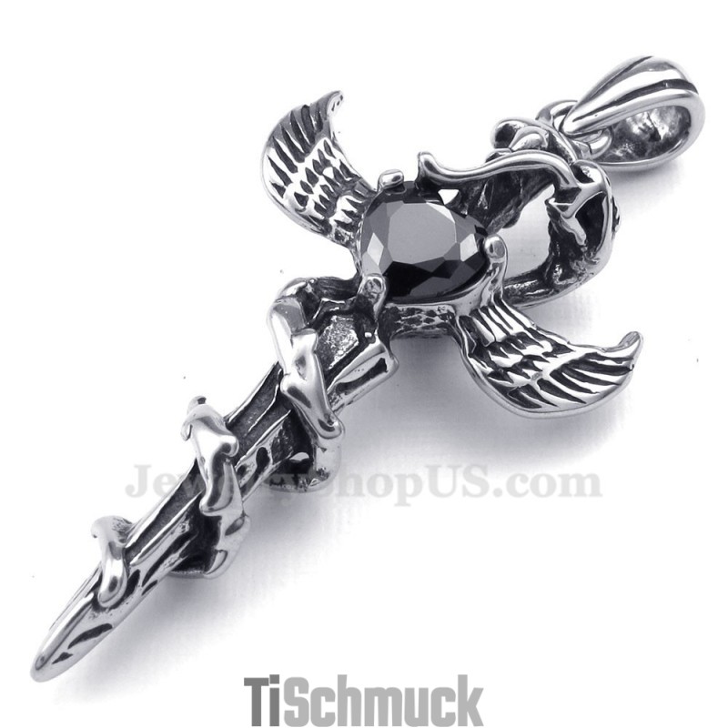 Halskette Mit Kreuzanhänger Aus Titan Mit Schwarzem Zirkon Und Schwertflügeln (Inklusive Kette) Halskette Mit Kreuzanhänger Aus Titan Mit Schwarzem Zirkon Und Schwertflügeln (Inklusive Kette)