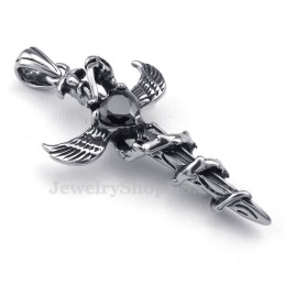 Halskette Mit Kreuzanhänger Aus Titan Mit Schwarzem Zirkon Und Schwertflügeln (Inklusive Kette)