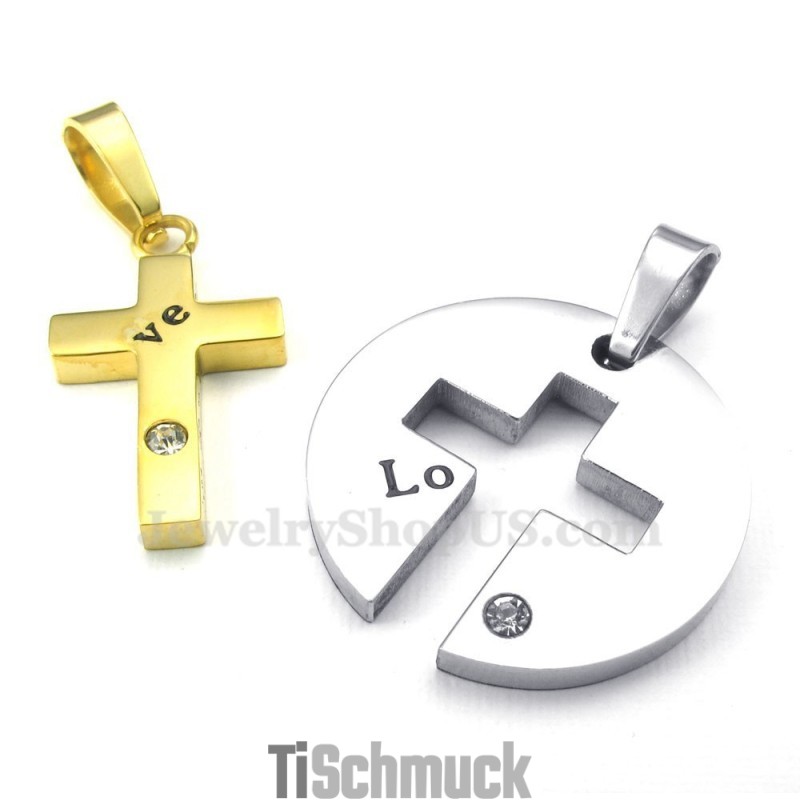 Halskette Mit Kreuzanhänger Für Paare Aus Titan Und Gold (Kostenlose Kette) (Ein Paar)