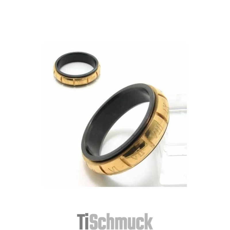 6 Mm Großer Court-Band-Ring Aus Schwarzem Titan Und Gold Mit Römischen Ziffern