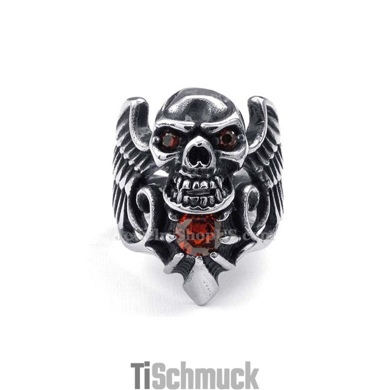 Titan-Totenkopfflügelring Mit Rotem Zirkon Titan-Totenkopfflügelring Mit Rotem Zirkon