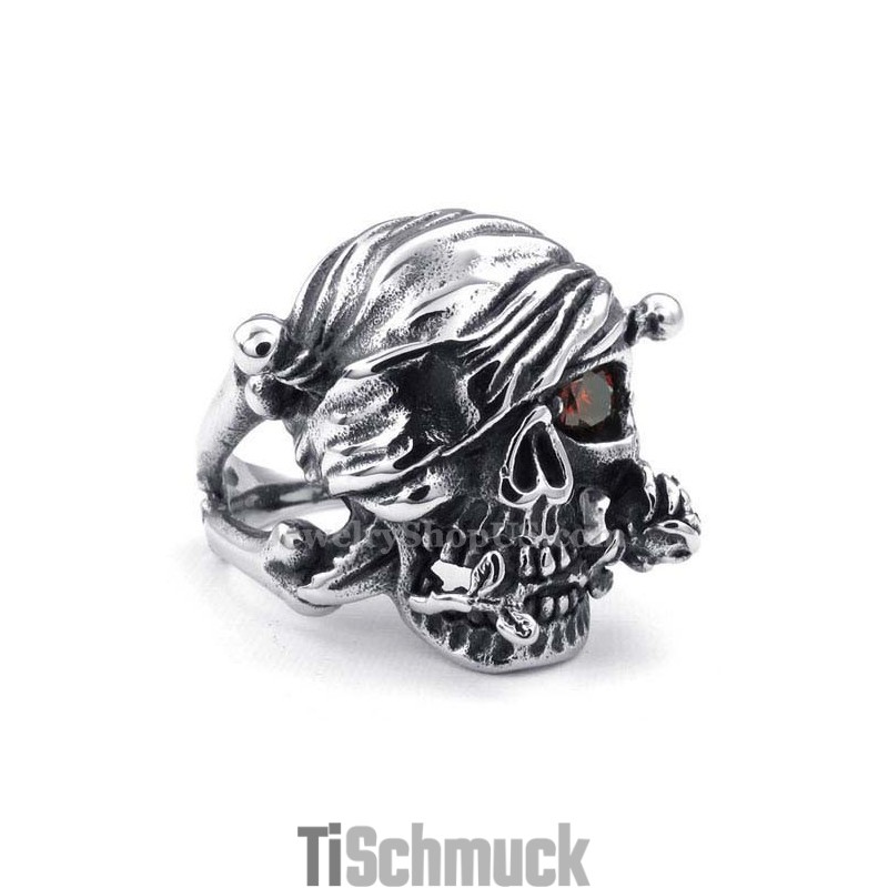 Titan-Totenkopfring Mit Rotem Zirkonauge