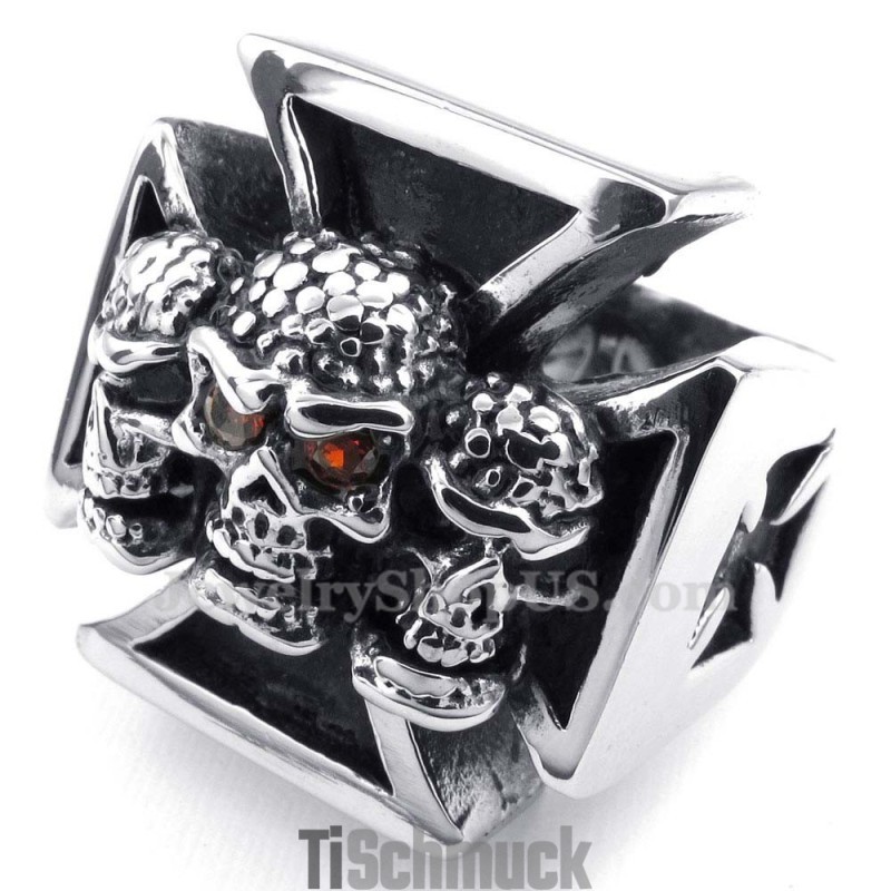 Titan-Kreuz-Totenkopfring Mit Roten Zirkonaugen Titan-Kreuz-Totenkopfring Mit Roten Zirkonaugen
