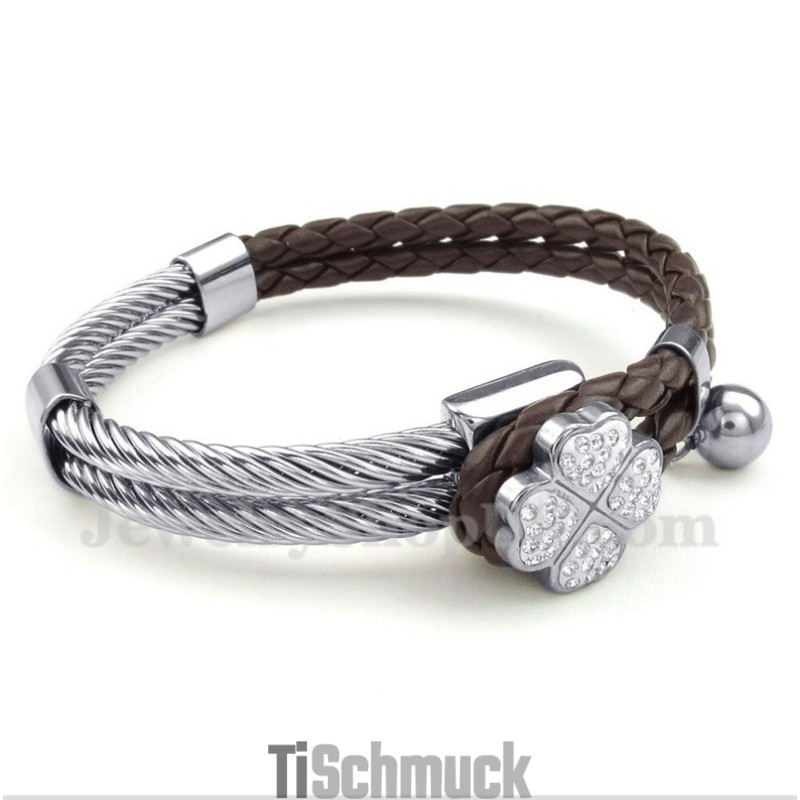 Herren-Lederarmband Aus Titan Mit Kleeblatt-Motiv