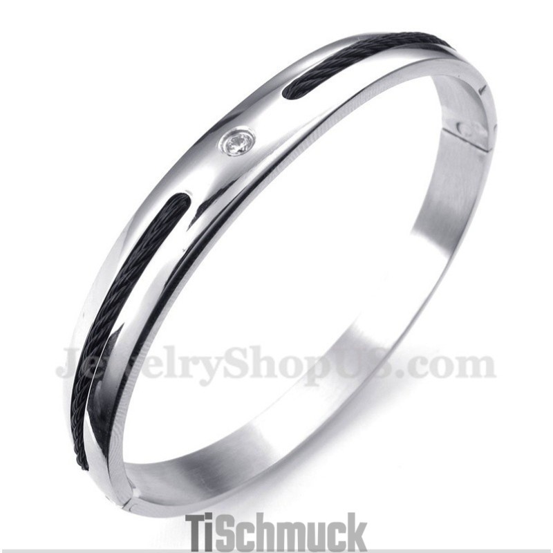 Herrenarmband Aus Titan Mit Schwarzem Kabel Und Diamanten Herrenarmband Aus Titan Mit Schwarzem Kabel Und Diamanten