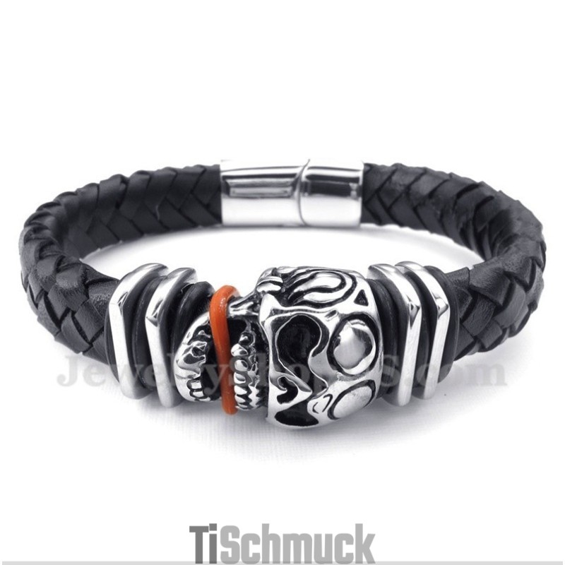 Herren Lederarmband Mit Totenkopf-Motiv Aus Titan