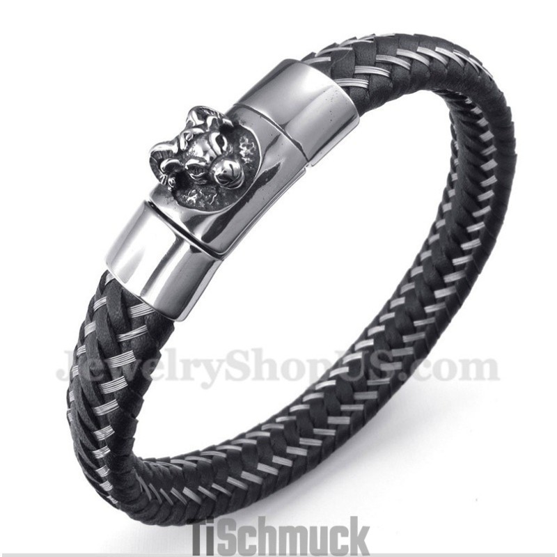 Herrenarmband Aus Titan Und Schwarzem Leder Mit Magnetkabel Herrenarmband Aus Titan Und Schwarzem Leder Mit Magnetkabel