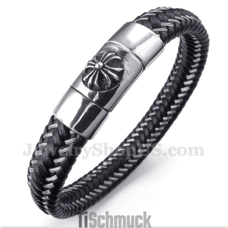 Herren-Kabelarmband Aus Titan Und Schwarzem Leder