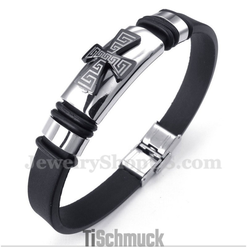 Herren-Armband Aus Titan Mit Griechischem Mäandermuster Und Kreuz Aus Gummi Herren-Armband Aus Titan Mit Griechischem Mäandermuster Und Kreuz Aus Gummi