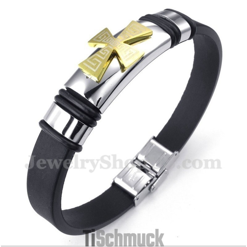Herren-Armband Aus Titan Mit Griechischem Mäandermuster Und Goldenem Kreuz Aus Gummi Herren-Armband Aus Titan Mit Griechischem Mäandermuster Und Goldenem Kreuz Aus Gummi