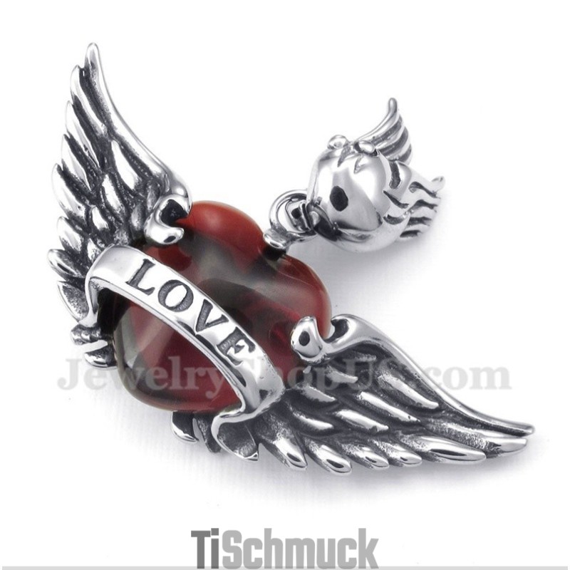 Titan-Anhänger Love Mit Roten Diamanten Und Flügeln Für Herren Mit Kostenloser Kette