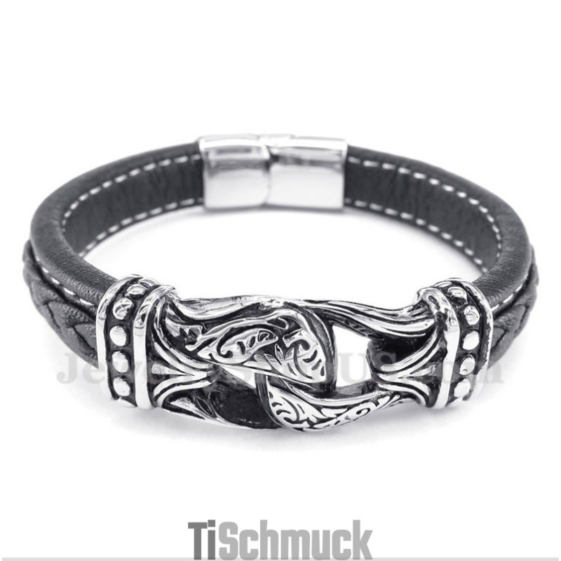 Schwarzes Titan-Lederarmband Für Herren