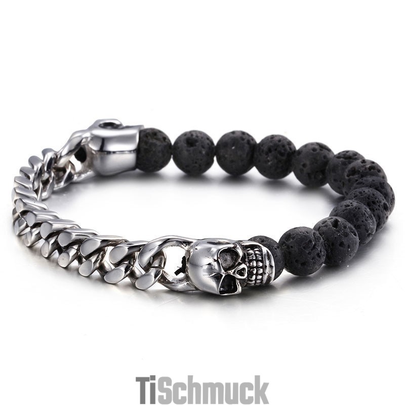 Totenkopf-Buddha-Perlen, Titan-Armband Mit Vulkansteinperlen Totenkopf-Buddha-Perlen, Titan-Armband Mit Vulkansteinperlen
