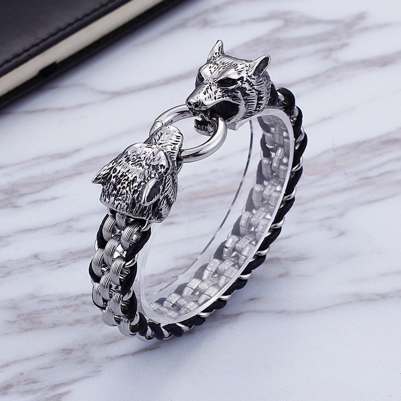 Titan-Armband Mit Doppelwolfkopf-Ringverschluss Aus Titan Für Männer
