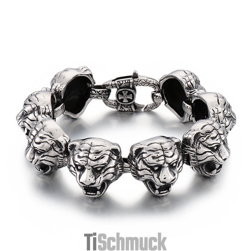 Cooles Modisches Titanarmband Mit Tigerkopf-Kreuz Und Blumenverschluss Für Männer