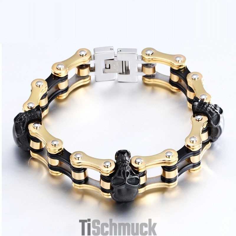 Rock Hip-Hop Galvanisiertes Zweifarbiges Totenkopf-Titan-Herren-Bikerarmband Rock Hip-Hop Galvanisiertes Zweifarbiges Totenkopf-Titan-Herren-Bikerarmband