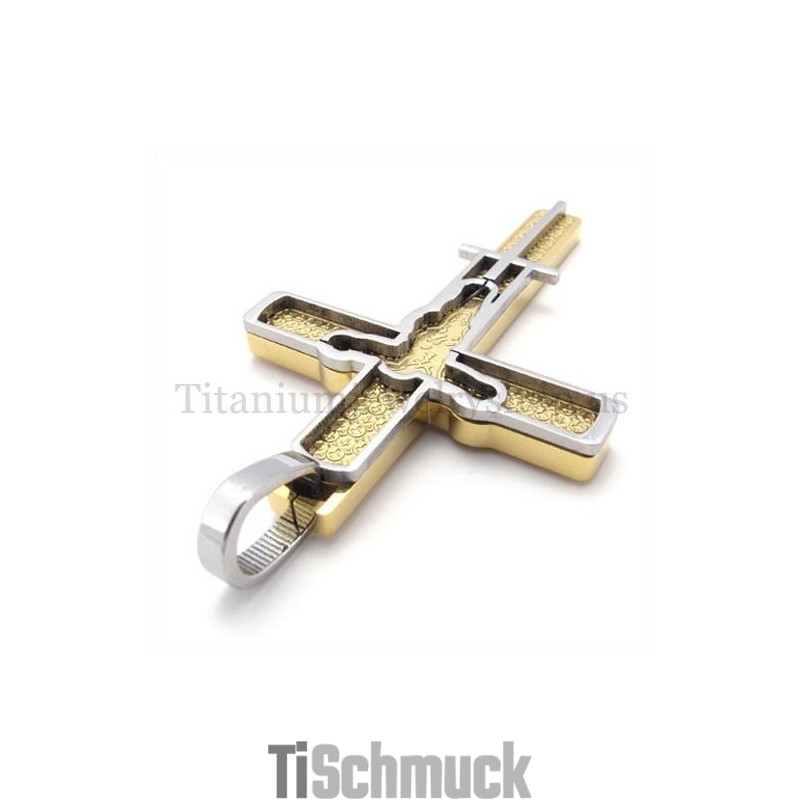 Gold Geschnitzter Titan-Kreuzanhänger Mit Jesus-Muster Gold Geschnitzter Titan-Kreuzanhänger Mit Jesus-Muster