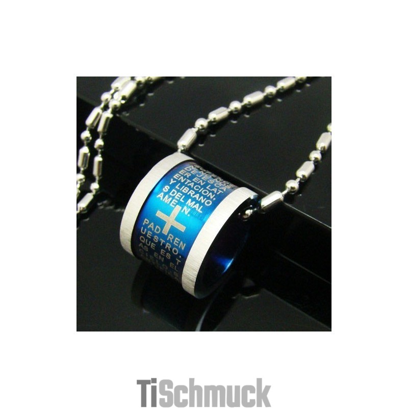 Herren-Halskette Mit Anhänger „Bibelrolle“ Aus Reinem Titan, Blaues Kreuz