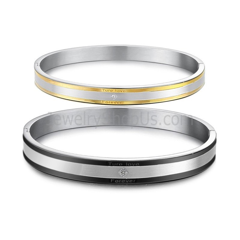 Tatanium Schwarz-Gold "True Love Forever" Paar-Armreifen Mit Strasssteinen C875