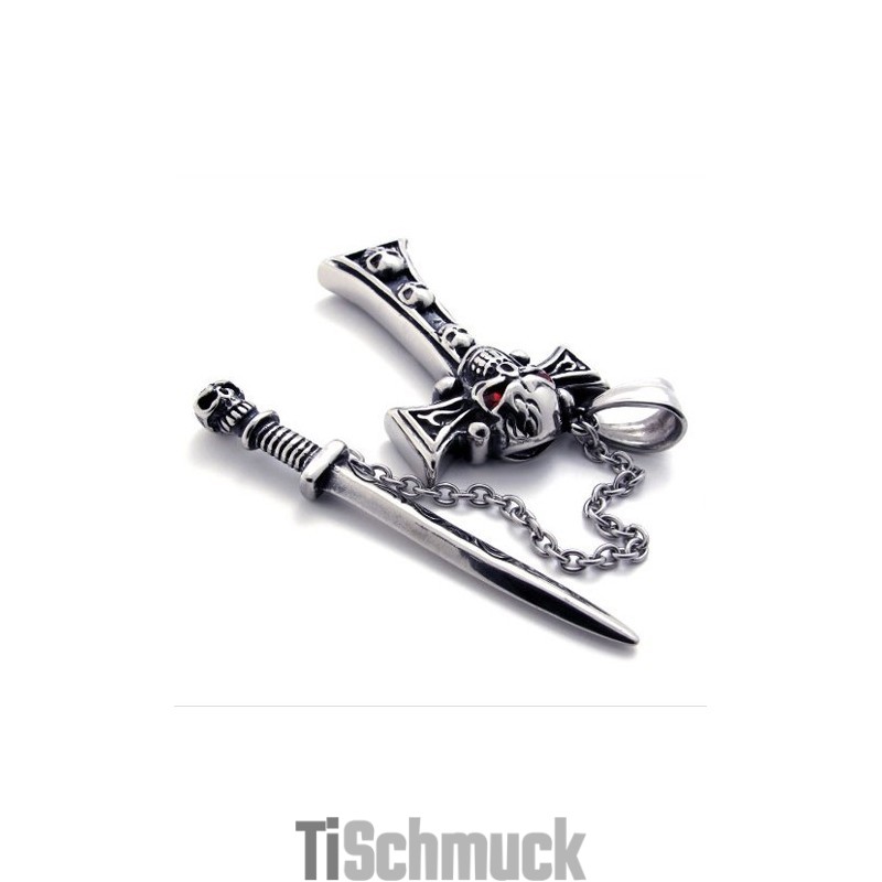 Totenkopf Mit Rotem Diamantdolch-Kreuzanhänger Aus Titan