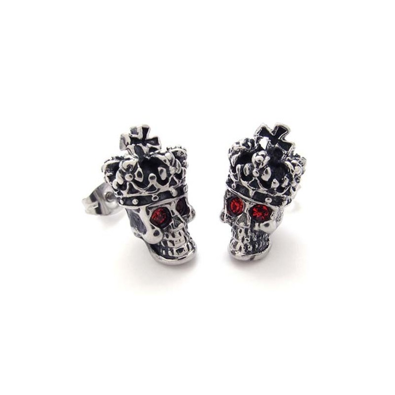 Titan-Ohrringe Mit Roter Diamantkrone Und Totenkopf
