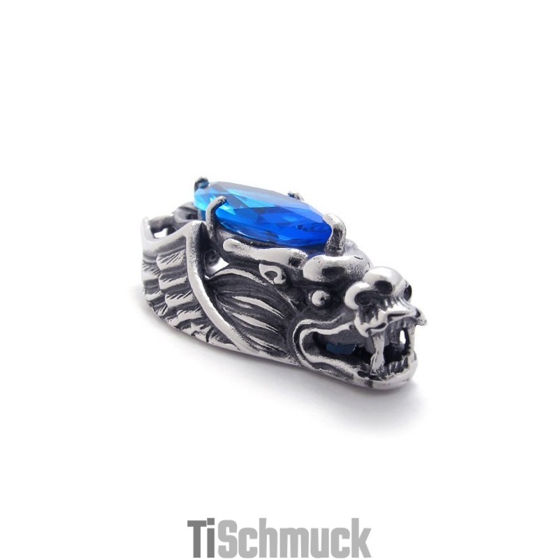 Drachenkopf-Anhänger Aus Titan Mit Blauem Zirkon Drachenkopf-Anhänger Aus Titan Mit Blauem Zirkon