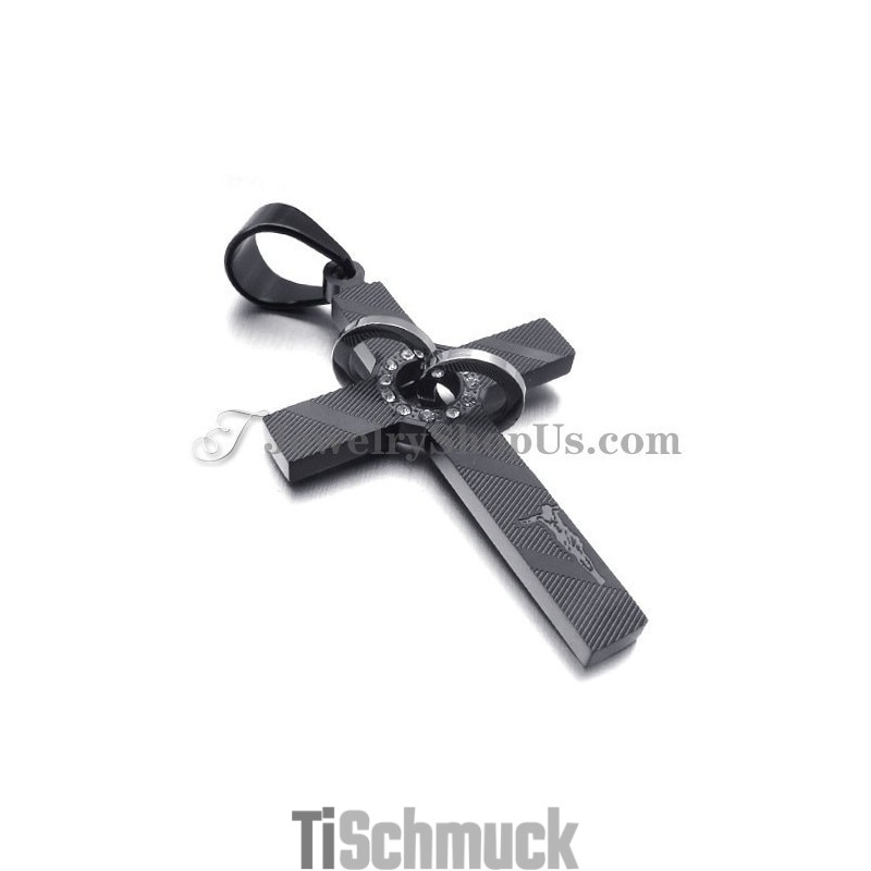 Kreuzanhänger Aus Schwarzem Titan Mit Kreisen Und Strasssteinen