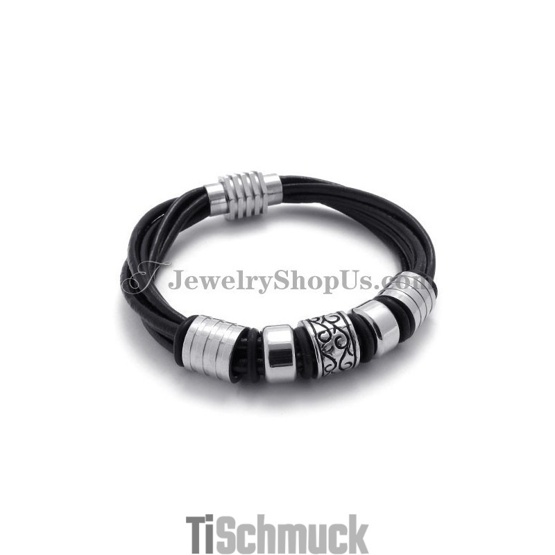 Elegantes Schwarzes Leder- Und Titanarmband Elegantes Schwarzes Leder- Und Titanarmband